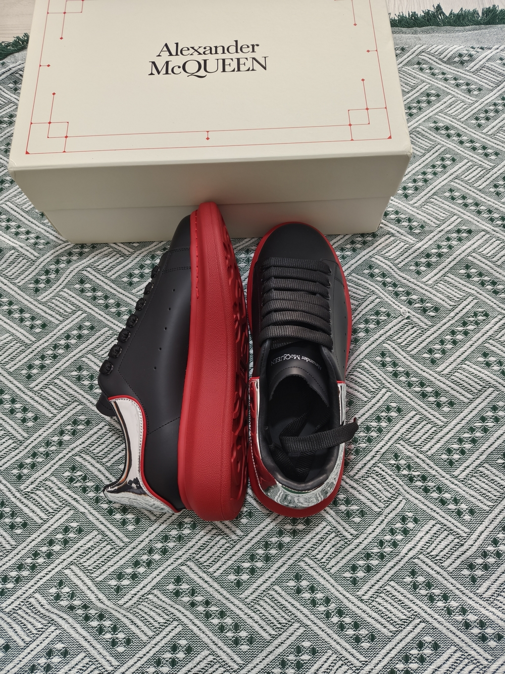 Alexander McQueen Black Leather Sneakers with Red Platform - Picture 2 of 9
